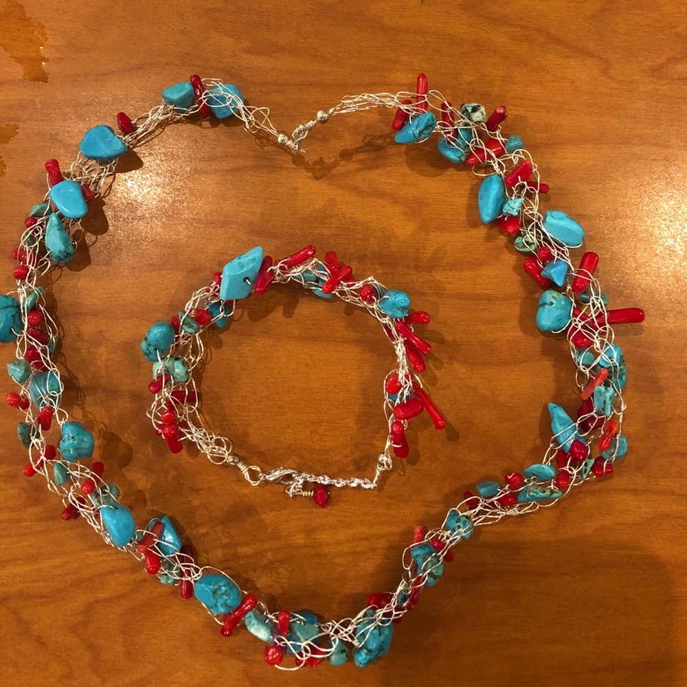 Turquoise & red coral silver  set